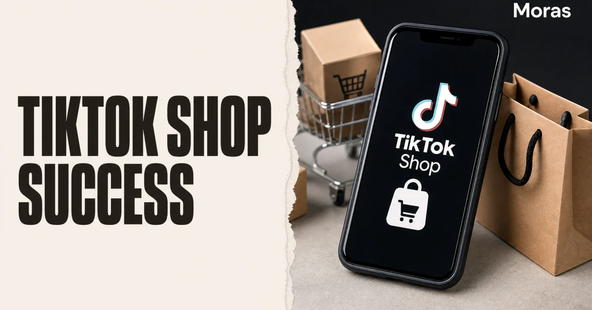 Full-bleed editorial Blog cover for How to Be Successful on TikTok Shop Affiliate in 2026, with the bold headline TIKTOK SHOP SUCCESS inside a continuous pale warm-ivory panel on the left, a restrained torn-paper divider, and one title-relevant realistic editorial visual in the independent right-side area. The cover includes one Moras wordmark, thicker semi-condensed headline typography, and no outer frame or unrelated text.