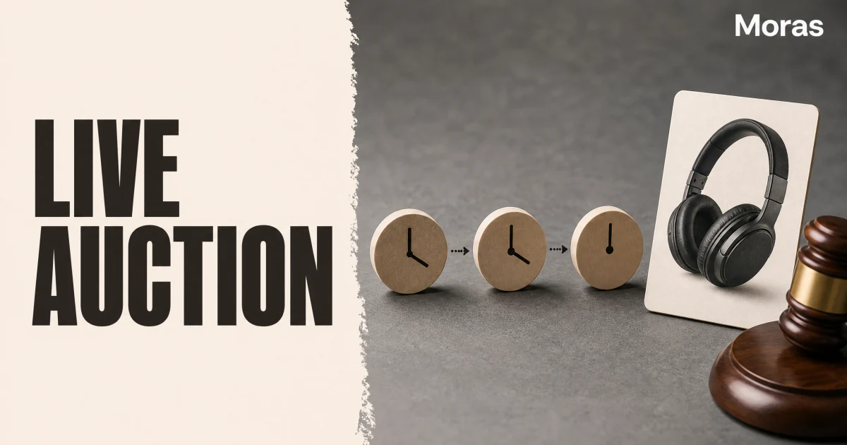 Full-bleed editorial Blog cover for TikTok LIVE Auction: How Countdown Bidding Works (2026), with the bold headline LIVE AUCTION inside a continuous pale warm-ivory panel on the left, a restrained torn-paper divider, and one title-relevant realistic editorial visual in the independent right-side area. The cover includes one Moras wordmark, thicker semi-condensed headline typography, and no outer frame or unrelated text.