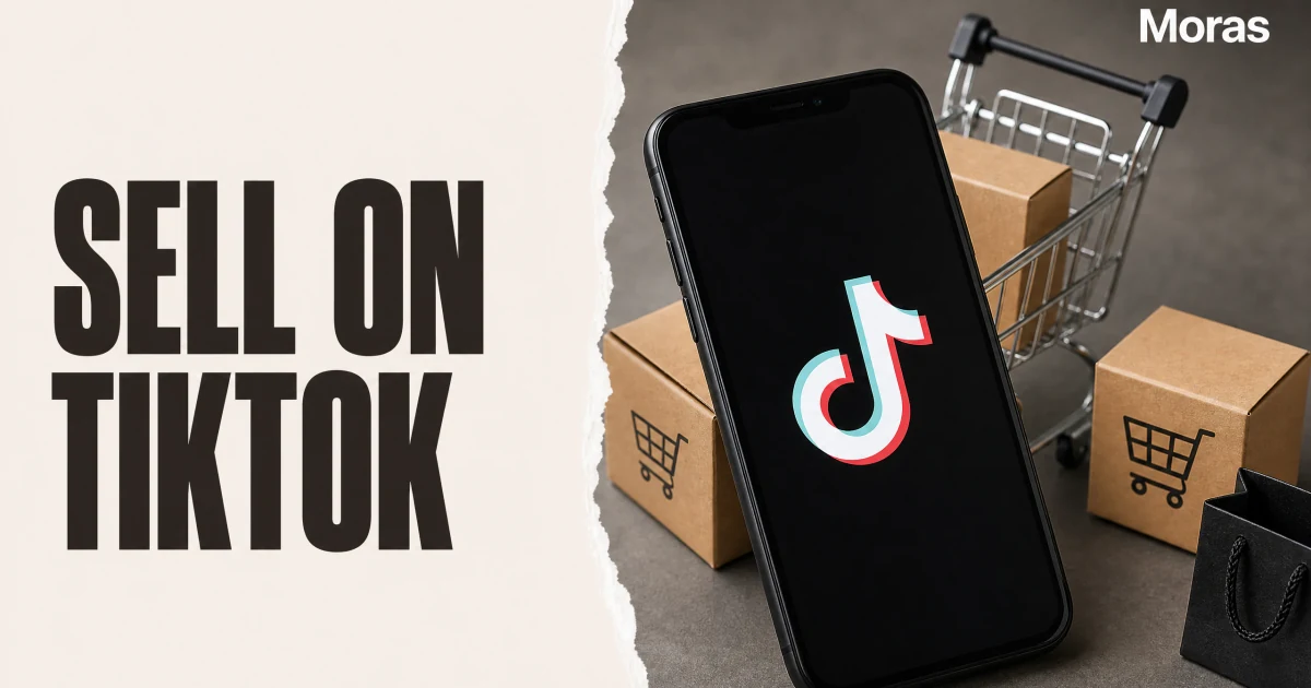 Full-bleed editorial Blog cover for How to Sell Products on TikTok in 2026, with the bold headline SELL ON TIKTOK inside a continuous pale warm-ivory panel on the left, a restrained torn-paper divider, and one title-relevant realistic editorial visual in the independent right-side area. The cover includes one Moras wordmark, thicker semi-condensed headline typography, and no outer frame or unrelated text.