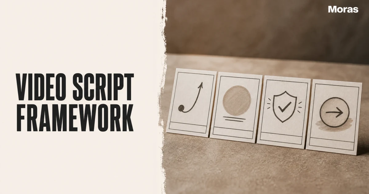 Editorial Blog cover for TikTok Shop video scripts, with a warm ivory headline panel reading VIDEO SCRIPT FRAMEWORK and a four-card hook-body-proof-CTA storyboard sequence on the right, plus one Moras wordmark.