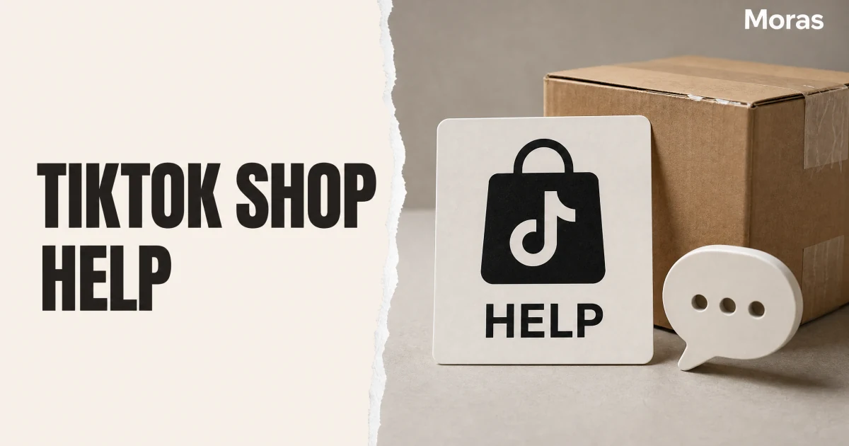 Full-bleed editorial Blog cover for TikTok Shop Customer Service: How to Get Real Help in 2026, with the bold headline TIKTOK SHOP HELP inside a continuous pale warm-ivory panel on the left, a restrained torn-paper divider, and one title-relevant realistic editorial visual in the independent right-side area. The cover includes one Moras wordmark, thicker semi-condensed headline typography, and no outer frame or unrelated text.
