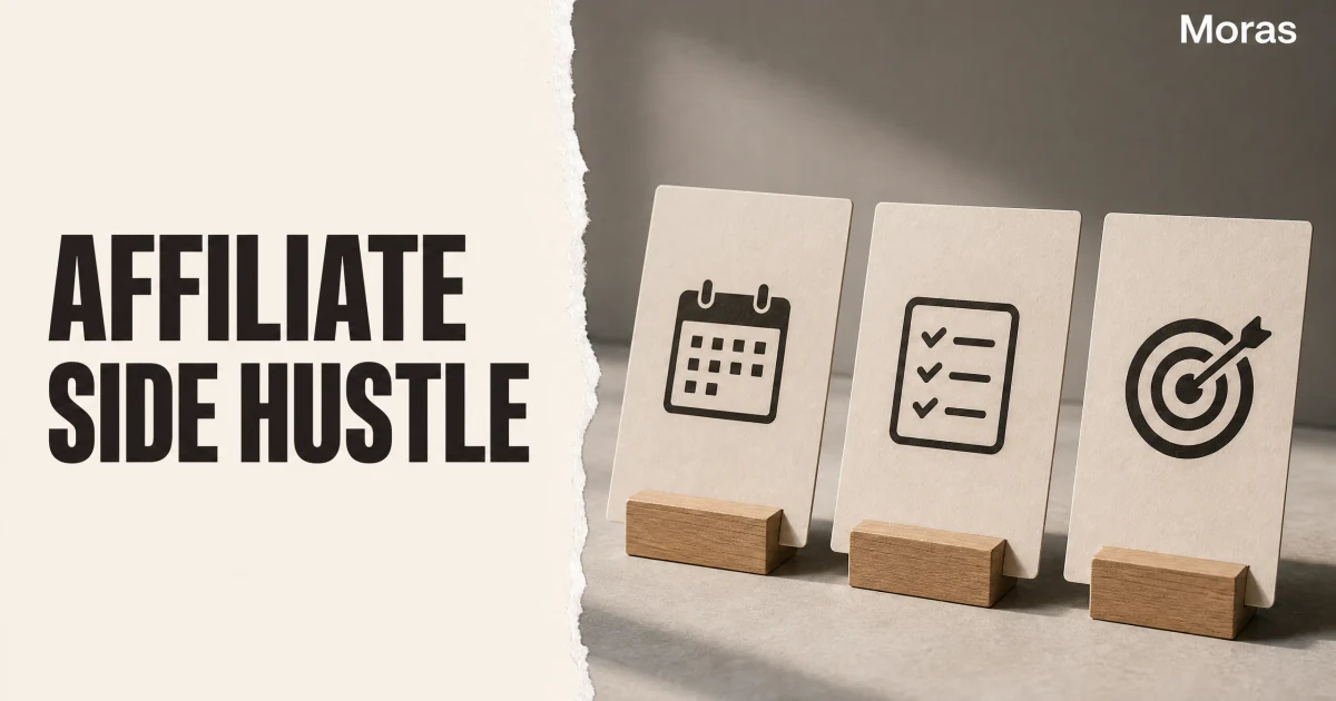 Full-bleed editorial Blog cover for TikTok Shop Affiliate Side Hustle: 30-Day Plan (2026), with the bold headline AFFILIATE SIDE HUSTLE inside a continuous pale warm-ivory panel on the left, a restrained torn-paper divider, and one title-relevant realistic editorial visual in the independent right-side area. The cover includes one Moras wordmark, thicker semi-condensed headline typography, and no outer frame or unrelated text.