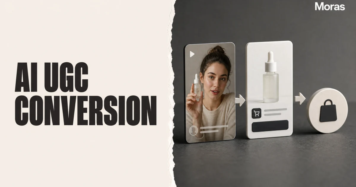 Full-bleed editorial Blog cover for Does AI UGC Convert on TikTok Shop? A 2026 Evidence Review, with the bold headline AI UGC CONVERSION inside a continuous pale warm-ivory panel on the left, a restrained torn-paper divider, and one title-relevant realistic editorial visual in the independent right-side area. The cover includes one Moras wordmark, thicker semi-condensed headline typography, and no outer frame or unrelated text.