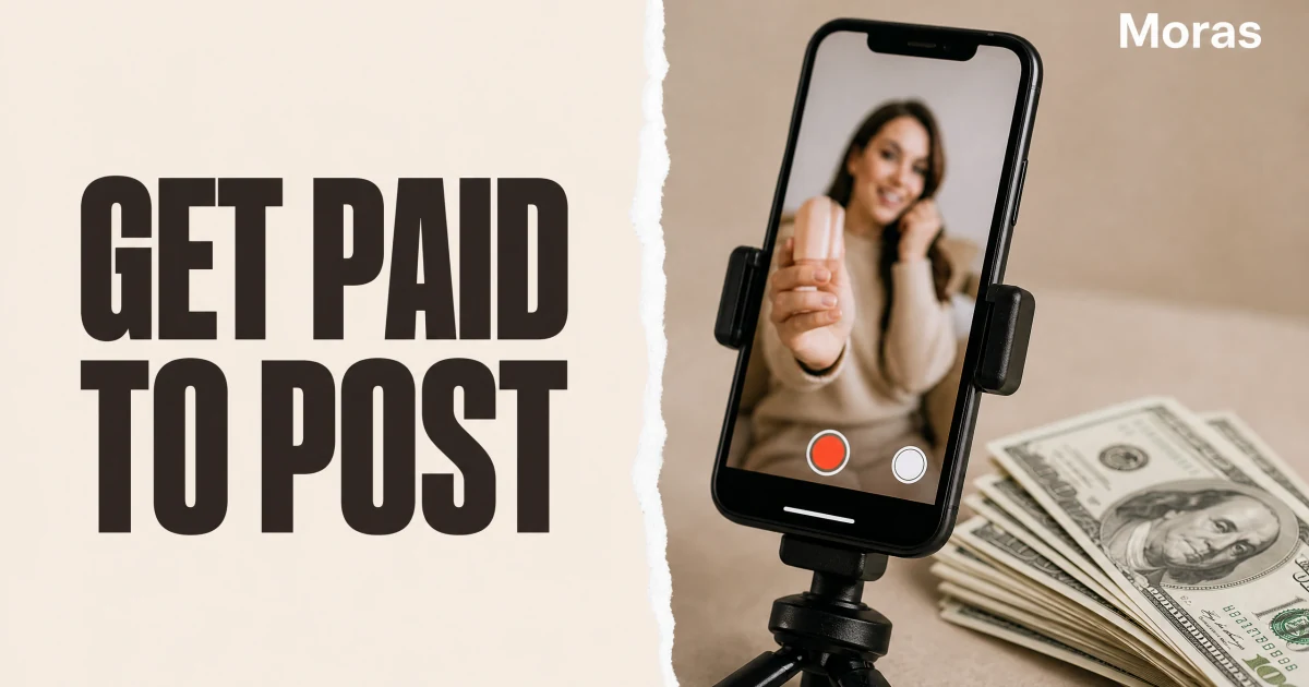 Full-bleed editorial Blog cover for How to Get Paid to Post on Social Media in 2026, with the bold headline GET PAID TO POST inside a continuous pale warm-ivory panel on the left, a restrained torn-paper divider, and one title-relevant realistic editorial visual in the independent right-side area. The cover includes one Moras wordmark, thicker semi-condensed headline typography, and no outer frame or unrelated text.