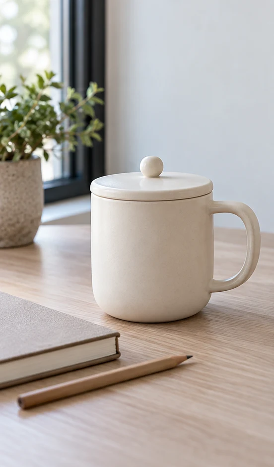 A ceramic mug with a lid on a home-office desk.