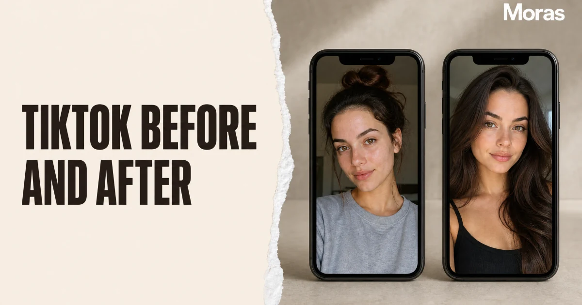 Full-bleed editorial Blog cover for Before and After TikTok Videos: Honest Contrast Guide, with the bold headline TIKTOK BEFORE AND AFTER inside a continuous pale warm-ivory panel on the left, a restrained torn-paper divider, and one title-relevant realistic editorial visual in the independent right-side area. The cover includes one Moras wordmark, thicker semi-condensed headline typography, and no outer frame or unrelated text.