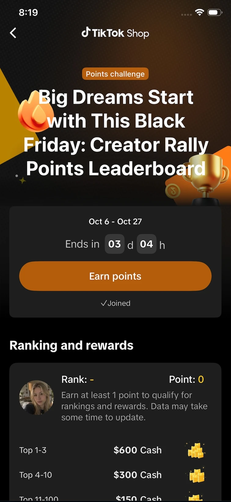 Full TikTok Shop Big Dreams Start points challenge screenshot showing the Black Friday Creator Rally Points Leaderboard and Earn points CTA