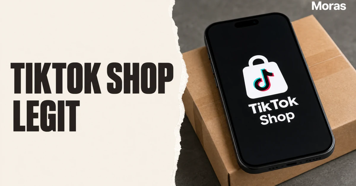 Full-bleed editorial Blog cover for Is TikTok Shop Legit? A US Buyer's Guide to Shopping Safely, with the bold headline TIKTOK SHOP LEGIT inside a continuous pale warm-ivory panel on the left, a restrained torn-paper divider, and one title-relevant realistic editorial visual in the independent right-side area. The cover includes one Moras wordmark, thicker semi-condensed headline typography, and no outer frame or unrelated text.