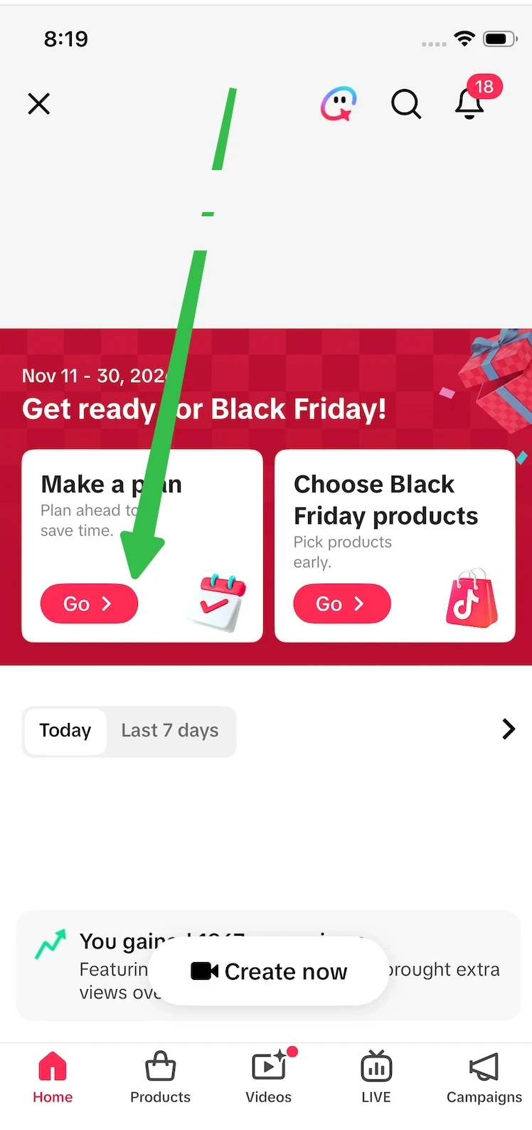 Full TikTok Shop Creator Center screenshot showing the Black Friday activity card, campaign window, and entry points