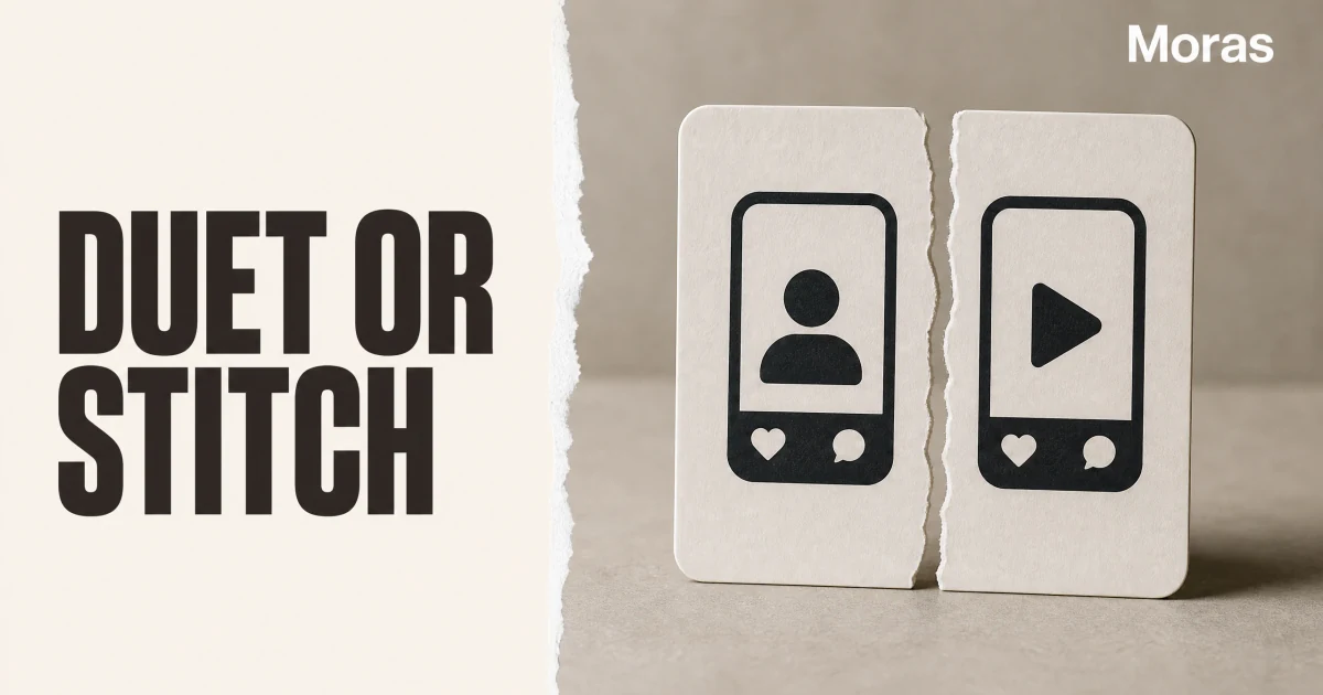 Full-bleed editorial Blog cover for TikTok Duet vs Stitch: Differences for Affiliate Videos, with the bold headline DUET OR STITCH inside a continuous pale warm-ivory panel on the left, a restrained torn-paper divider, and one title-relevant realistic editorial visual in the independent right-side area. The cover includes one Moras wordmark, thicker semi-condensed headline typography, and no outer frame or unrelated text.