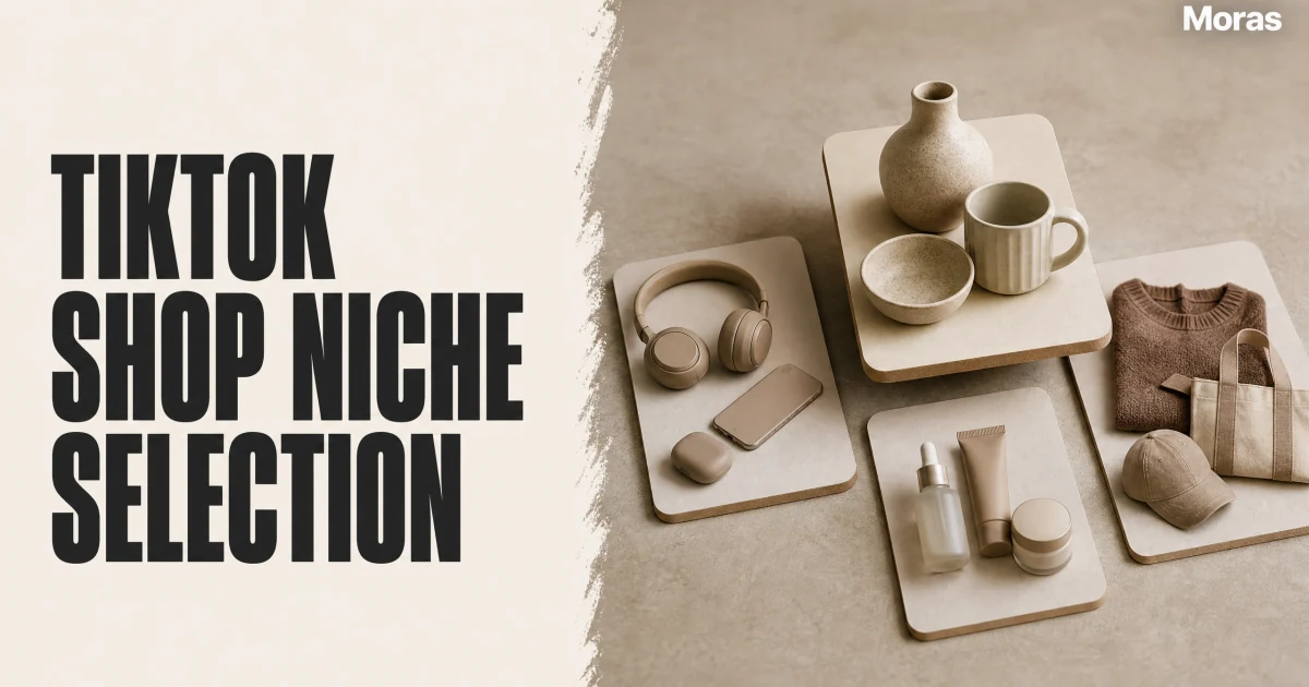 Editorial Blog cover for TikTok Shop niche selection, with a warm ivory headline panel reading TIKTOK SHOP NICHE SELECTION and a restrained selection board of neutral product-category cards on the right, plus one Moras wordmark.