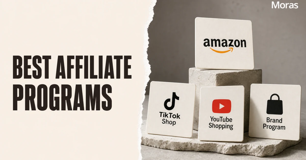 Full-bleed editorial Blog cover for Best Affiliate Programs for Creators to Try in 2026, with the bold headline BEST AFFILIATE PROGRAMS inside a continuous pale warm-ivory panel on the left, a restrained torn-paper divider, and one title-relevant realistic editorial visual in the independent right-side area. The cover includes one Moras wordmark, thicker semi-condensed headline typography, and no outer frame or unrelated text.