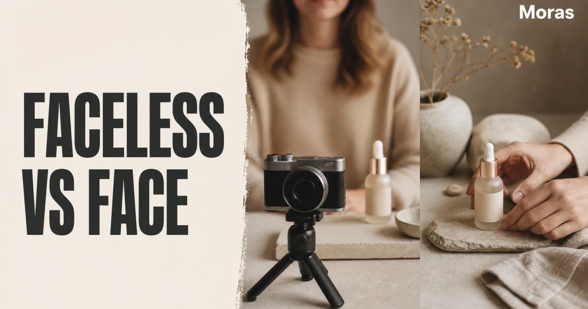 Editorial Blog cover comparing faceless and face-on-camera TikTok Shop affiliate production, with a warm ivory headline panel reading FACELESS VS FACE and two neutral product-video setups on the right.