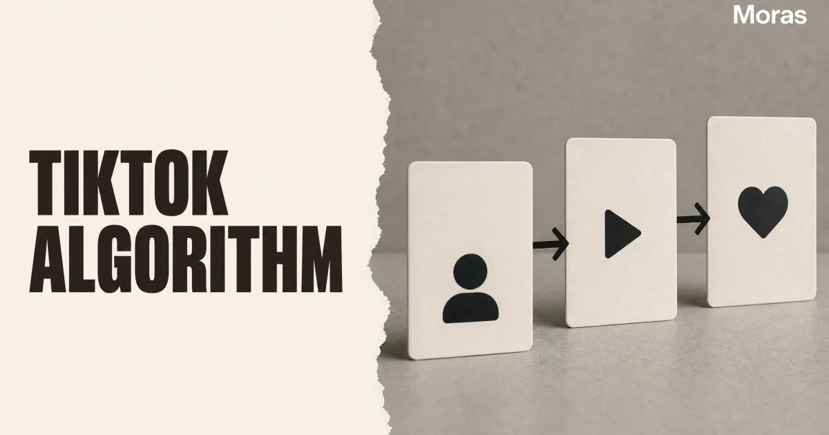 Full-bleed editorial Blog cover for How the TikTok Algorithm Actually Works for Product Videos, with the bold headline TIKTOK ALGORITHM inside a continuous pale warm-ivory panel on the left, a restrained torn-paper divider, and one title-relevant realistic editorial visual in the independent right-side area. The cover includes one Moras wordmark, thicker semi-condensed headline typography, and no outer frame or unrelated text.
