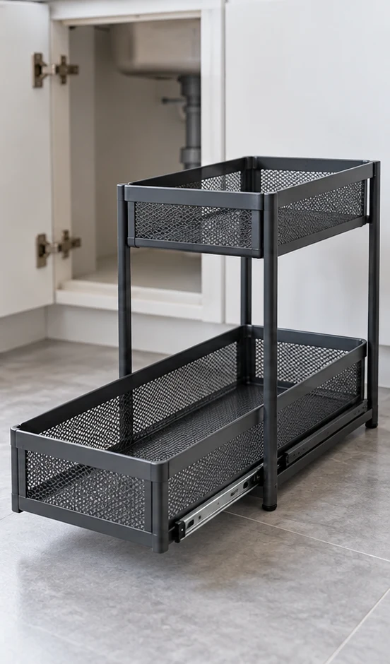 The lower drawer of a two-tier organizer pulled open beside an under-sink cabinet.