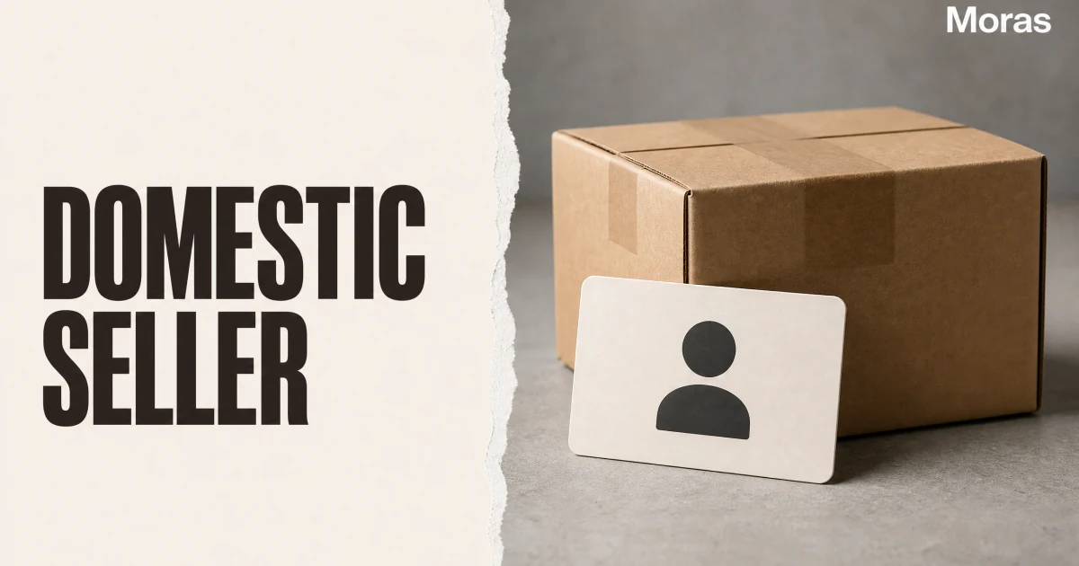 Full-bleed editorial Blog cover for Advantages of Being a Domestic Seller on TikTok Shop, with the bold headline DOMESTIC SELLER inside a continuous pale warm-ivory panel on the left, a restrained torn-paper divider, and one title-relevant realistic editorial visual in the independent right-side area. The cover includes one Moras wordmark, thicker semi-condensed headline typography, and no outer frame or unrelated text.