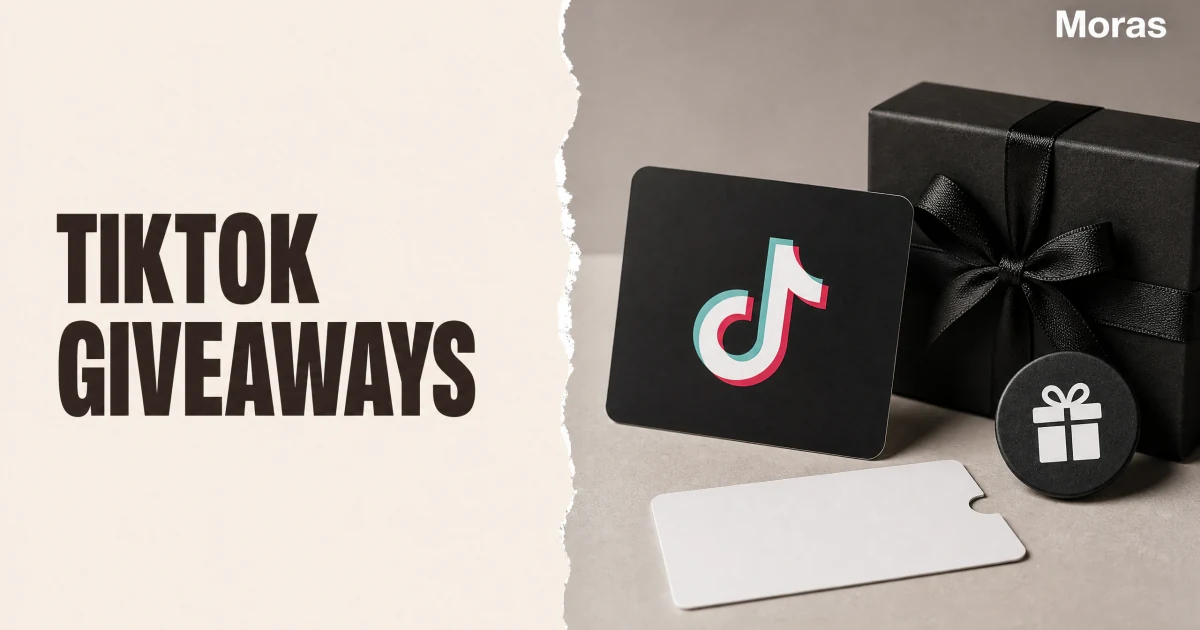 Full-bleed editorial Blog cover for TikTok Giveaways: Rules, Setup & Compliance for Brands in 2026, with the bold headline TIKTOK GIVEAWAYS inside a continuous pale warm-ivory panel on the left, a restrained torn-paper divider, and one title-relevant realistic editorial visual in the independent right-side area. The cover includes one Moras wordmark, thicker semi-condensed headline typography, and no outer frame or unrelated text.