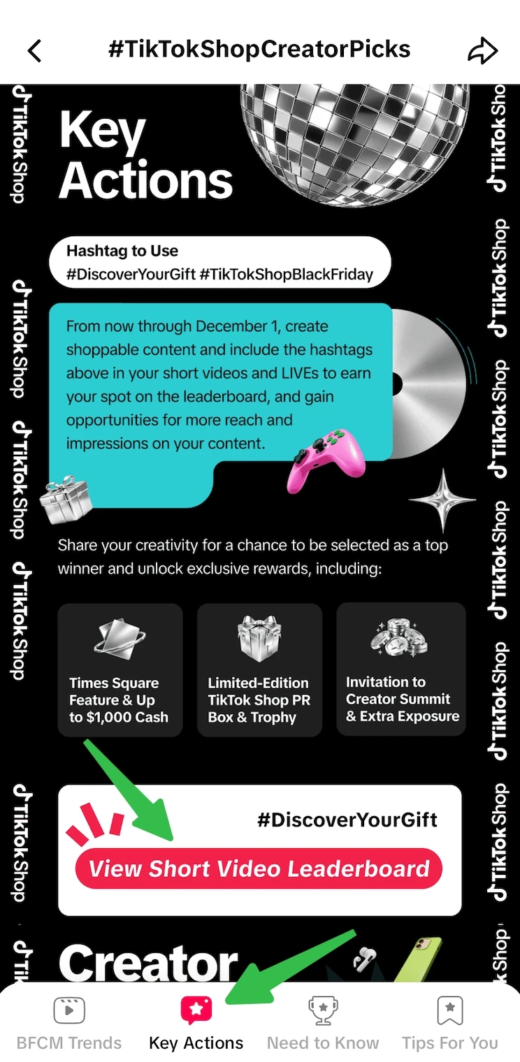 TikTok Shop Creator Center Key Actions screen showing the required Black Friday hashtags and the View Short Video Leaderboard CTA
