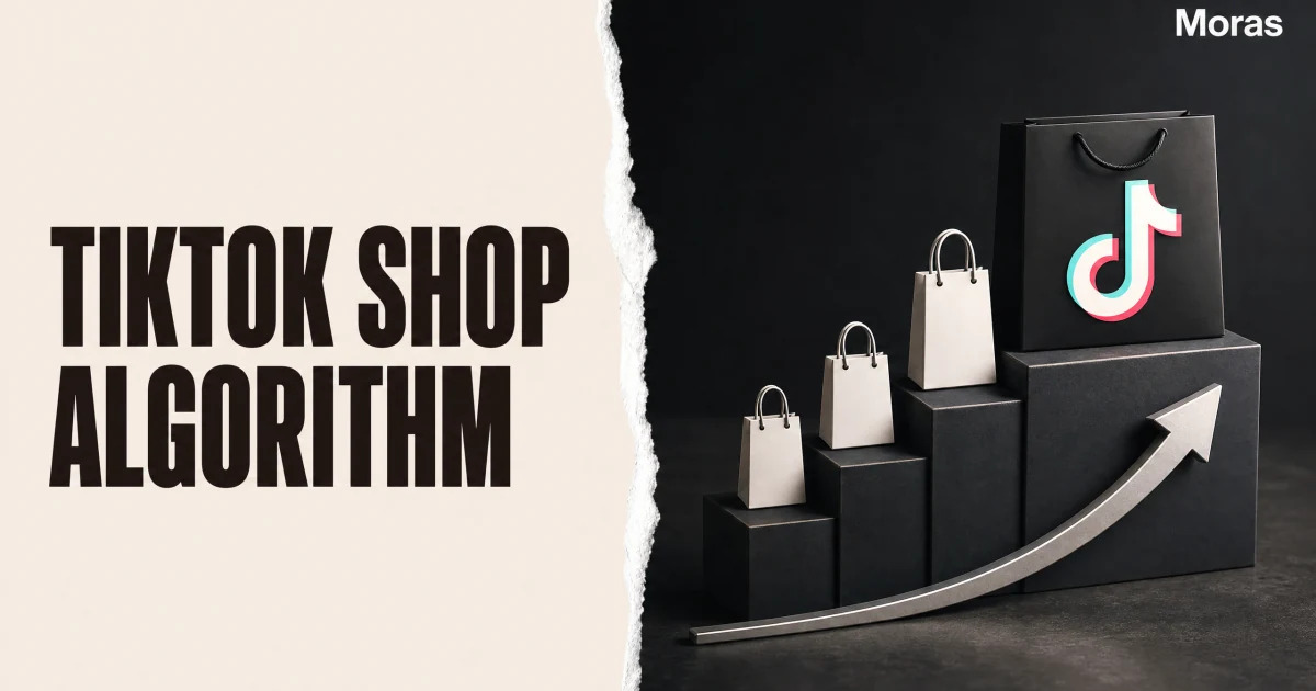 Full-bleed editorial Blog cover for How the TikTok Shop Algorithm (Coral) Ranks Products, with the bold headline TIKTOK SHOP ALGORITHM inside a continuous pale warm-ivory panel on the left, a restrained torn-paper divider, and one title-relevant realistic editorial visual in the independent right-side area. The cover includes one Moras wordmark, thicker semi-condensed headline typography, and no outer frame or unrelated text.