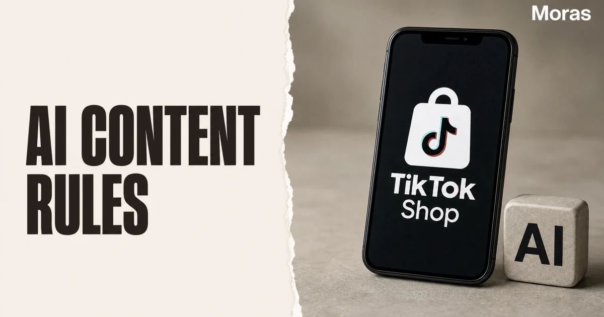 Full-bleed editorial Blog cover for AI Content on TikTok Shop: What's Allowed, What Must Be Labeled, with the bold headline AI CONTENT RULES inside a continuous pale warm-ivory panel on the left, a restrained torn-paper divider, and one title-relevant realistic editorial visual in the independent right-side area. The cover includes one Moras wordmark, thicker semi-condensed headline typography, and no outer frame or unrelated text.