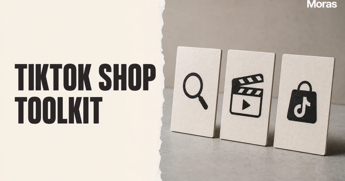 Full-bleed editorial Blog cover for TikTok Shop Toolkit: Native & Paid Tools Compared (2026), with the bold headline TIKTOK SHOP TOOLKIT inside a continuous pale warm-ivory panel on the left, a restrained torn-paper divider, and one title-relevant realistic editorial visual in the independent right-side area. The cover includes one Moras wordmark, thicker semi-condensed headline typography, and no outer frame or unrelated text.