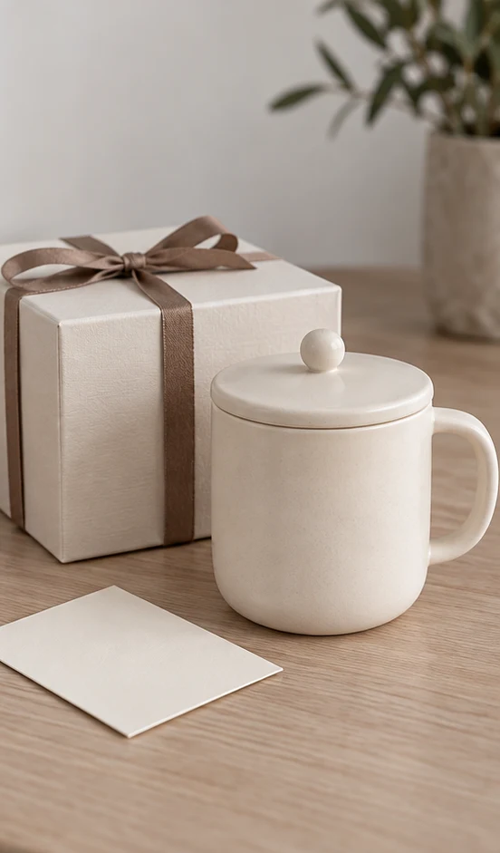 A ceramic mug beside a blank gift note and a ribbon-tied box on a desk.