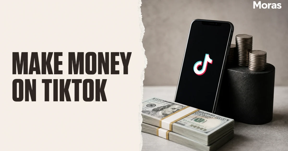 Full-bleed editorial Blog cover for How to make money on TikTok in 2026, with the bold headline MAKE MONEY ON TIKTOK inside a continuous pale warm-ivory panel on the left, a restrained torn-paper divider, and one title-relevant realistic editorial visual in the independent right-side area. The cover includes one Moras wordmark, thicker semi-condensed headline typography, and no outer frame or unrelated text.