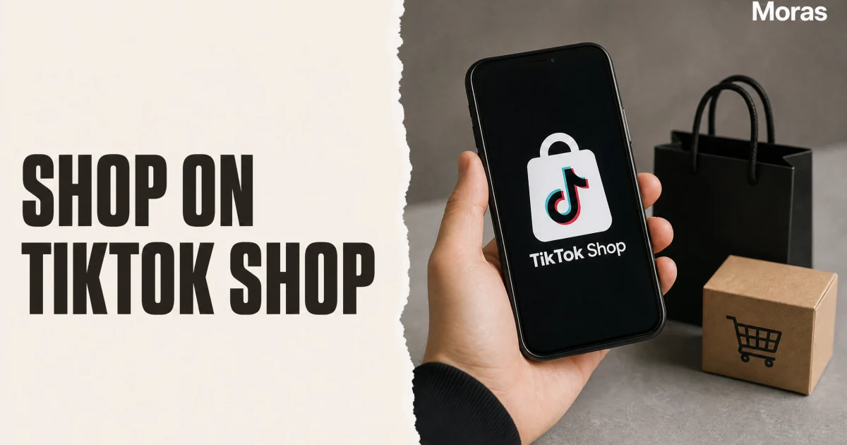 Full-bleed editorial Blog cover for How to Shop on TikTok Shop: Buyer's Guide & Balance Explained, with the bold headline SHOP ON TIKTOK SHOP inside a continuous pale warm-ivory panel on the left, a restrained torn-paper divider, and one title-relevant realistic editorial visual in the independent right-side area. The cover includes one Moras wordmark, thicker semi-condensed headline typography, and no outer frame or unrelated text.