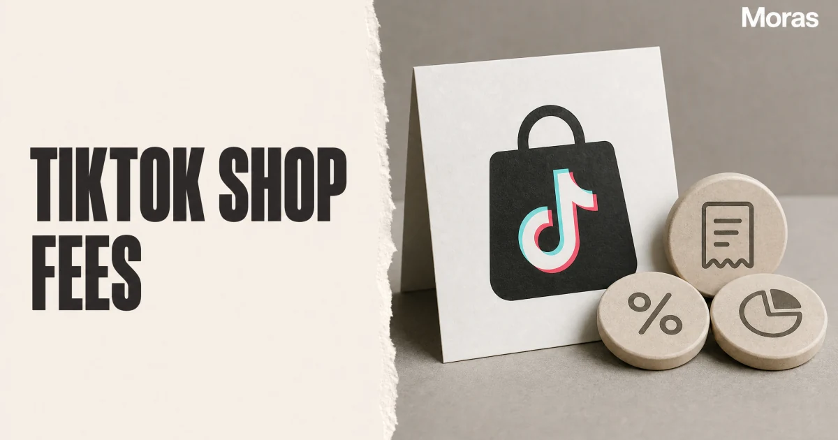 Full-bleed editorial Blog cover for TikTok Shop Fees in 2026: The Full Cost Breakdown, with the bold headline TIKTOK SHOP FEES inside a continuous pale warm-ivory panel on the left, a restrained torn-paper divider, and one title-relevant realistic editorial visual in the independent right-side area. The cover includes one Moras wordmark, thicker semi-condensed headline typography, and no outer frame or unrelated text.