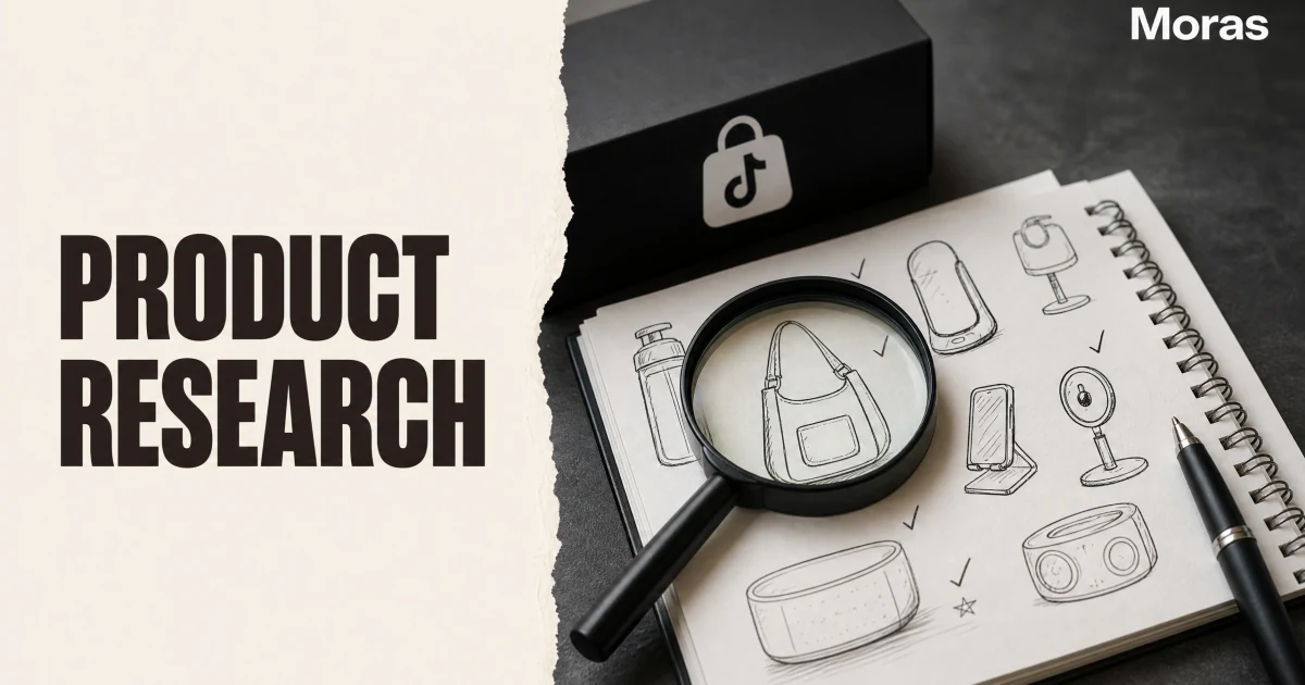 Full-bleed editorial Blog cover for TikTok Shop Product Research: 4 Signals to Find Winners, with the bold headline PRODUCT RESEARCH inside a continuous pale warm-ivory panel on the left, a restrained torn-paper divider, and one title-relevant realistic editorial visual in the independent right-side area. The cover includes one Moras wordmark, thicker semi-condensed headline typography, and no outer frame or unrelated text.