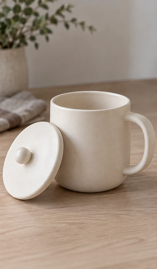A close-up of the ceramic mug and its lid.