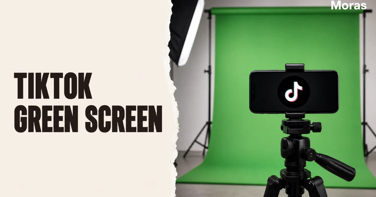 Full-bleed editorial Blog cover for TikTok Green Screen for Affiliates: Trust-Building Guide, with the bold headline TIKTOK GREEN SCREEN inside a continuous pale warm-ivory panel on the left, a restrained torn-paper divider, and one title-relevant realistic editorial visual in the independent right-side area. The cover includes one Moras wordmark, thicker semi-condensed headline typography, and no outer frame or unrelated text.