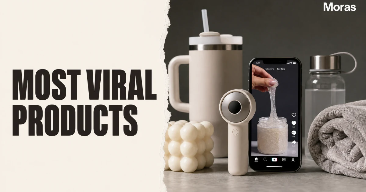 Full-bleed editorial Blog cover for What Are the Most Viral Products on TikTok? 8 Categories to Test, with the bold headline MOST VIRAL PRODUCTS inside a continuous pale warm-ivory panel on the left, a restrained torn-paper divider, and one title-relevant realistic editorial visual in the independent right-side area. The cover includes one Moras wordmark, thicker semi-condensed headline typography, and no outer frame or unrelated text.