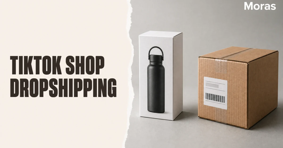 Full-bleed editorial Blog cover for TikTok Shop Dropshipping in 2026: What Works Before You Start, with the bold headline TIKTOK SHOP DROPSHIPPING inside a continuous pale warm-ivory panel on the left, a restrained torn-paper divider, and one title-relevant realistic editorial visual in the independent right-side area. The cover includes one Moras wordmark, thicker semi-condensed headline typography, and no outer frame or unrelated text.
