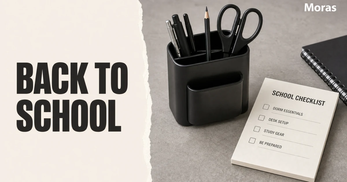 Full-bleed editorial Blog cover for TikTok Shop Back to School: Affiliate Guide for Dorm & Desk, with the bold headline BACK TO SCHOOL inside a continuous pale warm-ivory panel on the left, a restrained torn-paper divider, and one title-relevant realistic editorial visual in the independent right-side area. The cover includes one Moras wordmark, thicker semi-condensed headline typography, and no outer frame or unrelated text.