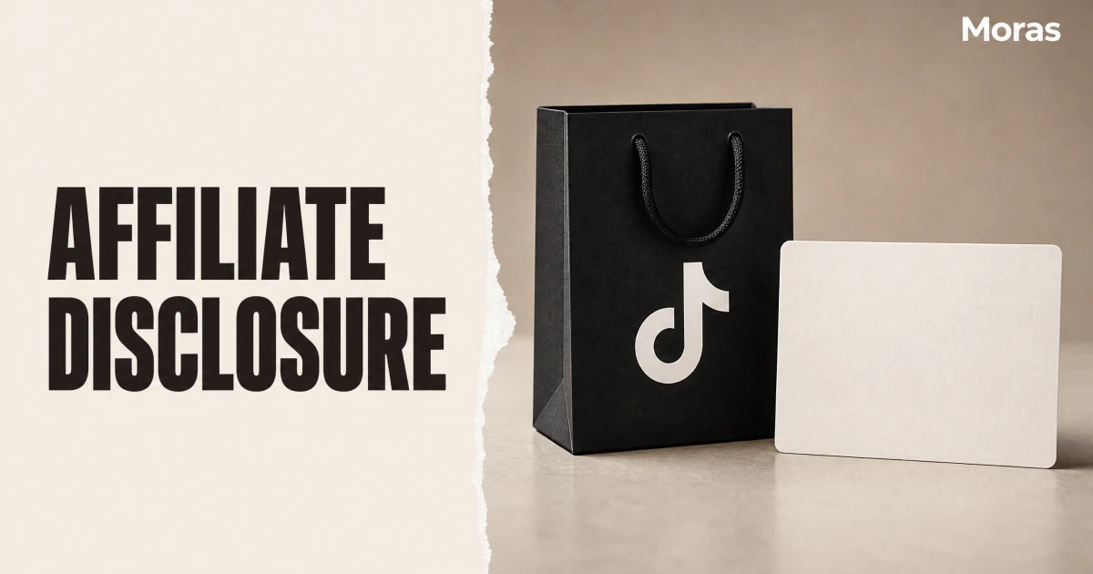Full-bleed editorial Blog cover for TikTok Shop Affiliate Disclosure: What to Say (2026), with the bold headline AFFILIATE DISCLOSURE inside a continuous pale warm-ivory panel on the left, a restrained torn-paper divider, and one title-relevant realistic editorial visual in the independent right-side area. The cover includes one Moras wordmark, thicker semi-condensed headline typography, and no outer frame or unrelated text.