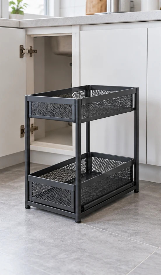 A two-tier organizer shown in full beside an open under-sink cabinet.