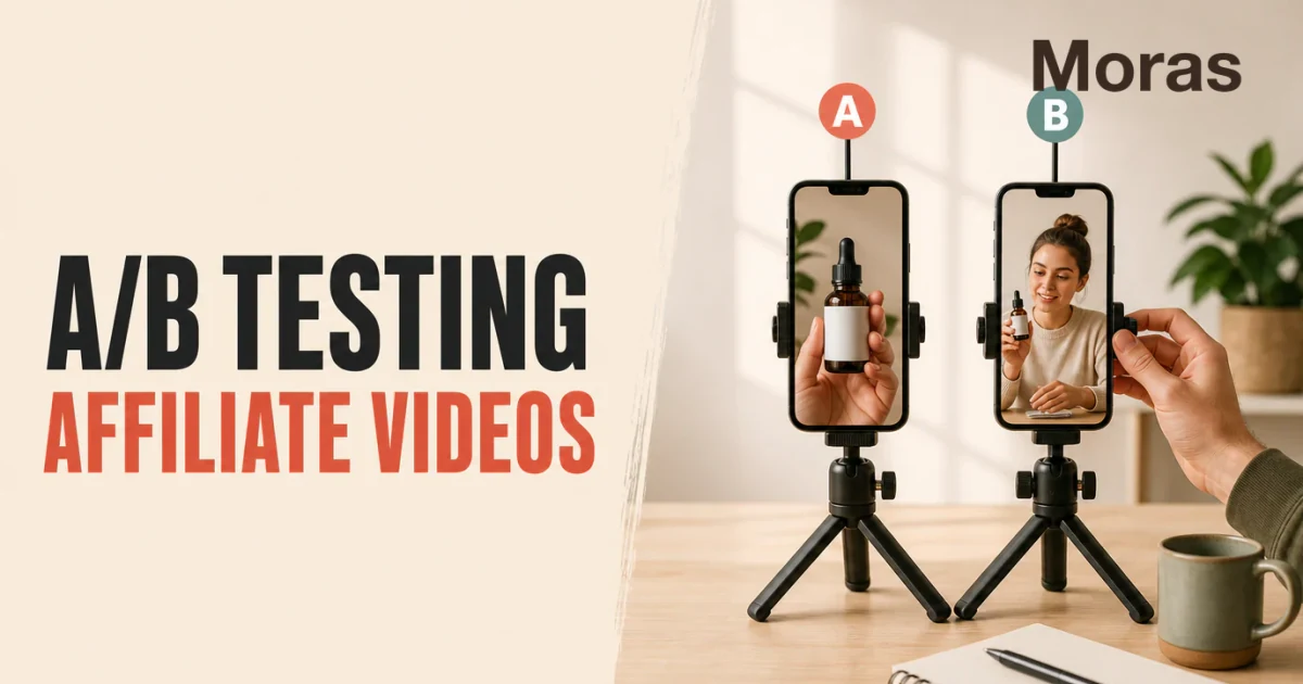A/B Testing Affiliate Videos cover showing two phone-mounted product video variants labeled A and B beside the article's core title, with the Moras brand name.
