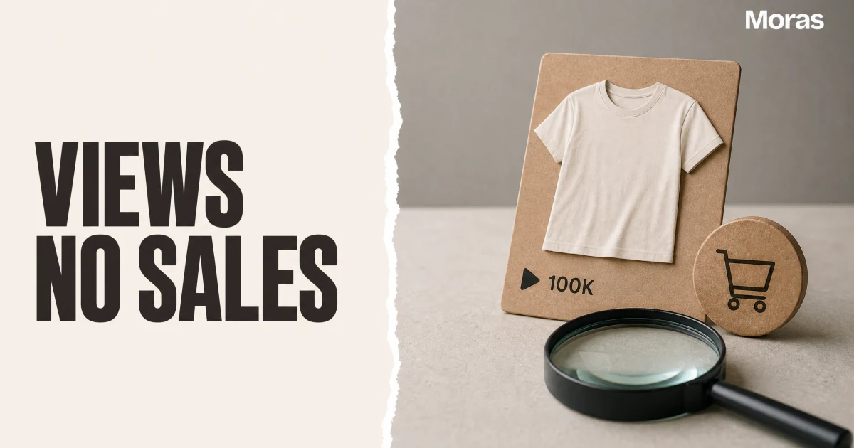 Full-bleed editorial Blog cover for TikTok Shop No Sales Despite Views? A Diagnostic Guide, with the bold headline VIEWS NO SALES inside a continuous pale warm-ivory panel on the left, a restrained torn-paper divider, and one title-relevant realistic editorial visual in the independent right-side area. The cover includes one Moras wordmark, thicker semi-condensed headline typography, and no outer frame or unrelated text.
