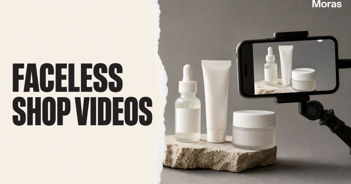 Full-bleed editorial Blog cover for How to Make TikTok Shop Videos Without Filming in 2026, with the bold headline FACELESS SHOP VIDEOS inside a continuous pale warm-ivory panel on the left, a restrained torn-paper divider, and one title-relevant realistic editorial visual in the independent right-side area. The cover includes one Moras wordmark, thicker semi-condensed headline typography, and no outer frame or unrelated text.