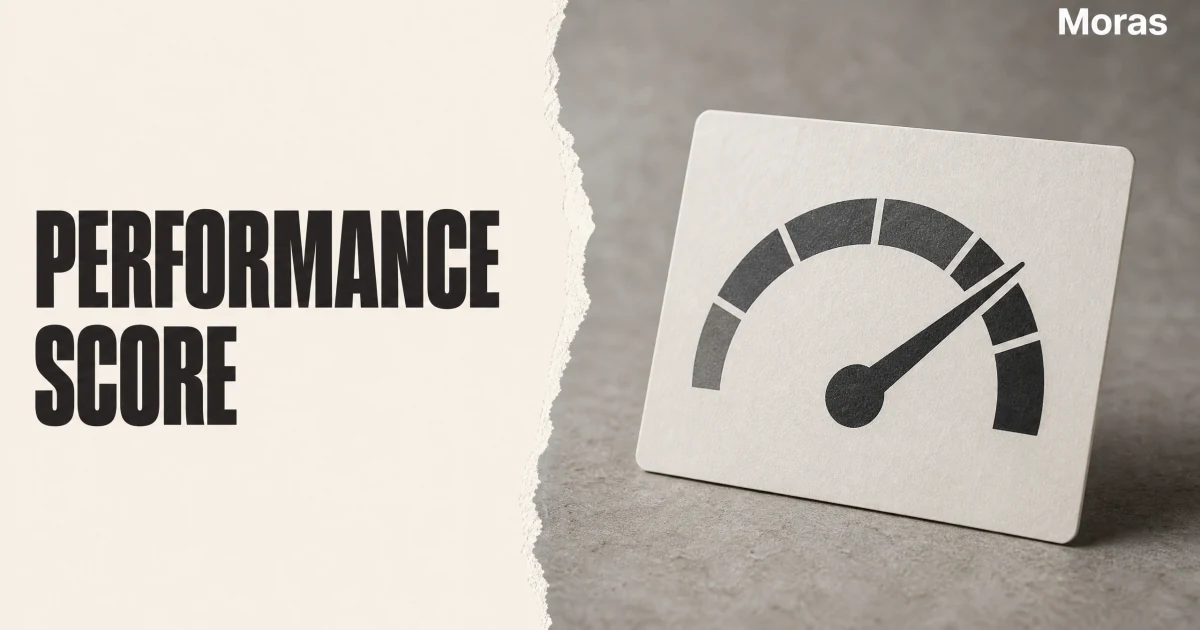 Full-bleed editorial Blog cover for TikTok Shop SPS: Performance Score Metrics & Recovery, with the bold headline PERFORMANCE SCORE inside a continuous pale warm-ivory panel on the left, a restrained torn-paper divider, and one title-relevant realistic editorial visual in the independent right-side area. The cover includes one Moras wordmark, thicker semi-condensed headline typography, and no outer frame or unrelated text.